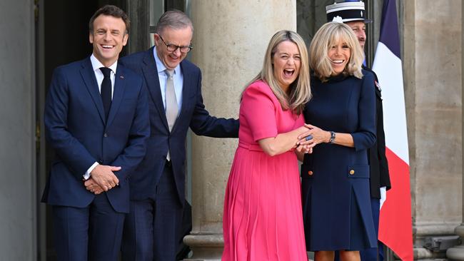 French President Emmanuel Macron, Anthony Albanese, partner Jodie Haydon, and Brigitte Macron at the Elysee Palace in Paris on Friday. Picture: AAP