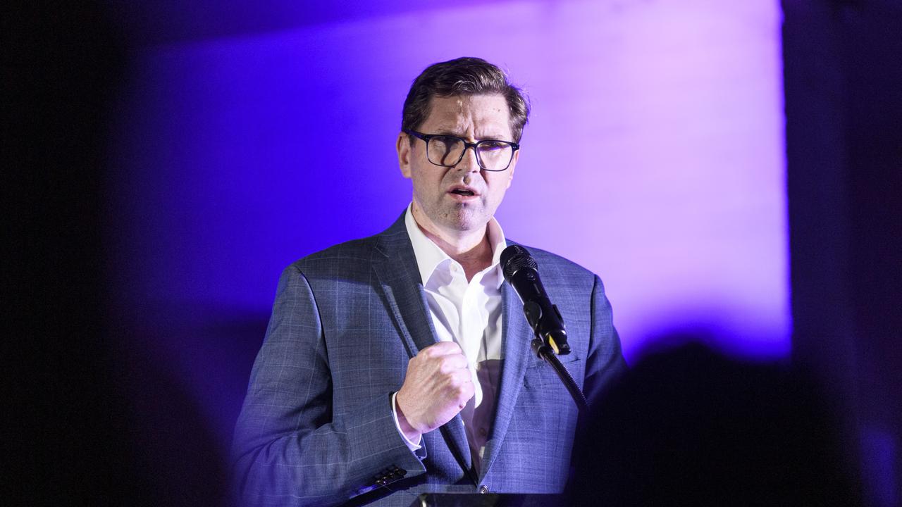 Toowoomba mayor Geoff McDonald addresses the Protea Place candlelight vigil to mark Domestic and Family Violence Prevention Month at Gips Restaurant, Tuesday, May 13, 2025. Picture: Kevin Farmer