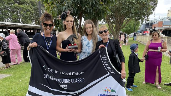 Kerry Sellick, Jasmin Walters Laura Huxtable, Roslyn Andrews (co-owner and breeder of Serangoon - race two winner). Image: Gemma Scerri