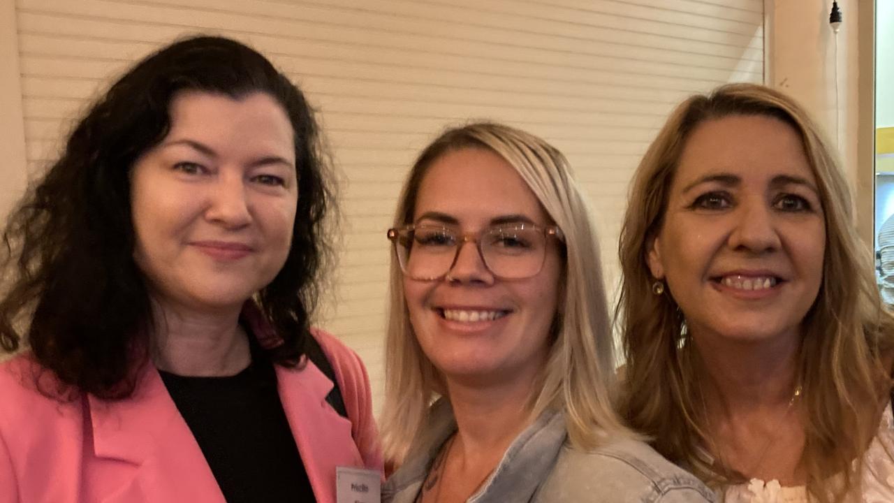 Priscilla Sizer, Natalie Mobbs, and Tracey Mobbs celebrate the 50th anniversary of the Rainbows Rugby League Football Club at its golden jubilee at the Gympie Showgrounds Pavilion on the night of June 3, 2023.