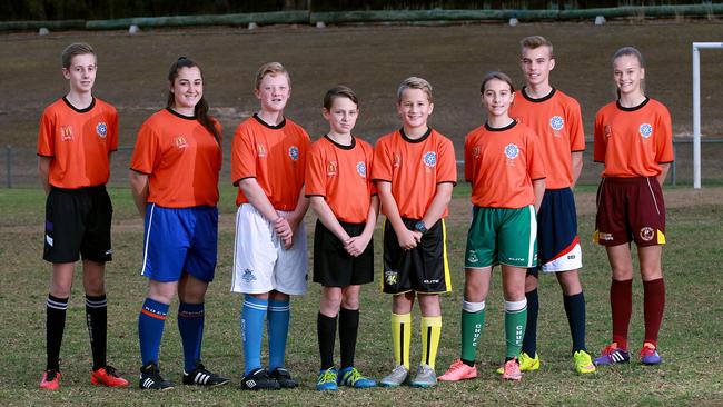 These new junior referees from the Sydney Hills Football Association are ready to roll. Pictures: Carmela Roche