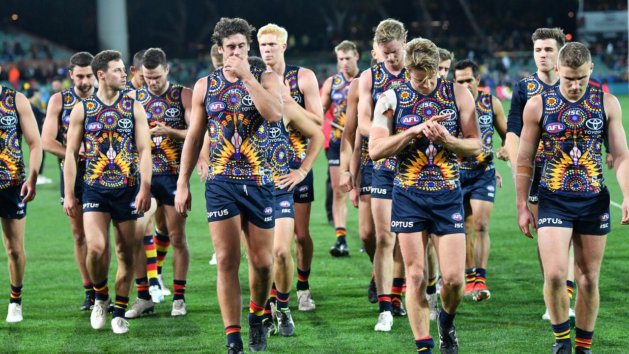 Adelaide players leave the ground after their loss to West Coast. Picture: AAP Images