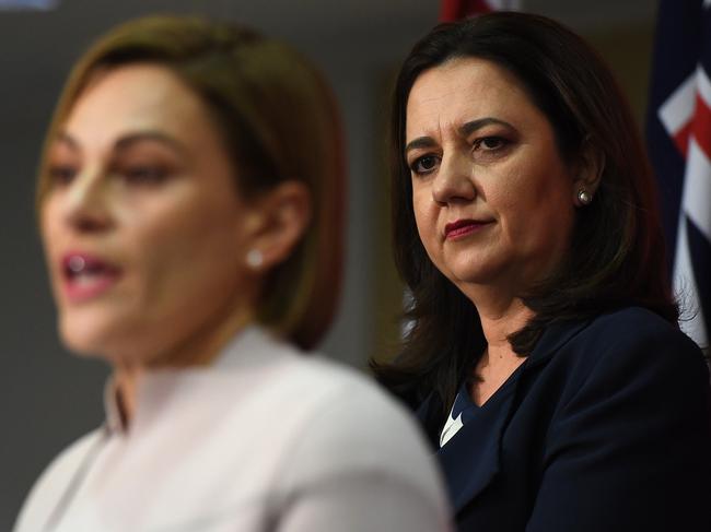 Queensland Premier Annastacia Palaszczuk (right) and Treasurer Jackie Trad are seen during a press conference. Picture: Dan Peled.