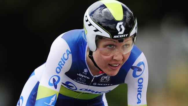 Shara Gillow (Qld) on her way to winning the Cycling Australia Road National Championships Elite Women's Individual Time Trial along the Avenue of Honour at Lake Wendouree, Victoria