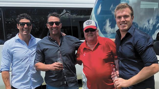 (l-r) Trent Barrett, Shaun Timmins, Warwick Bulmer and Jake Trbojevic at the Gundagai races on Friday.