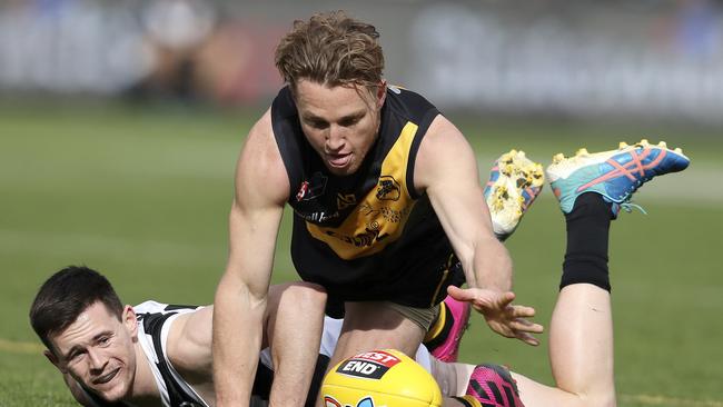 Glenelg’s Michael Virgin scraps for the ball during last year’s grand final. Picture: Sarah Reed