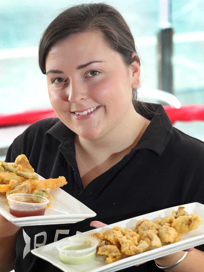 Kate Caire, with tempura mushrooms and vegetables at Maning Reef in 2014. Picture: Roger Lovell