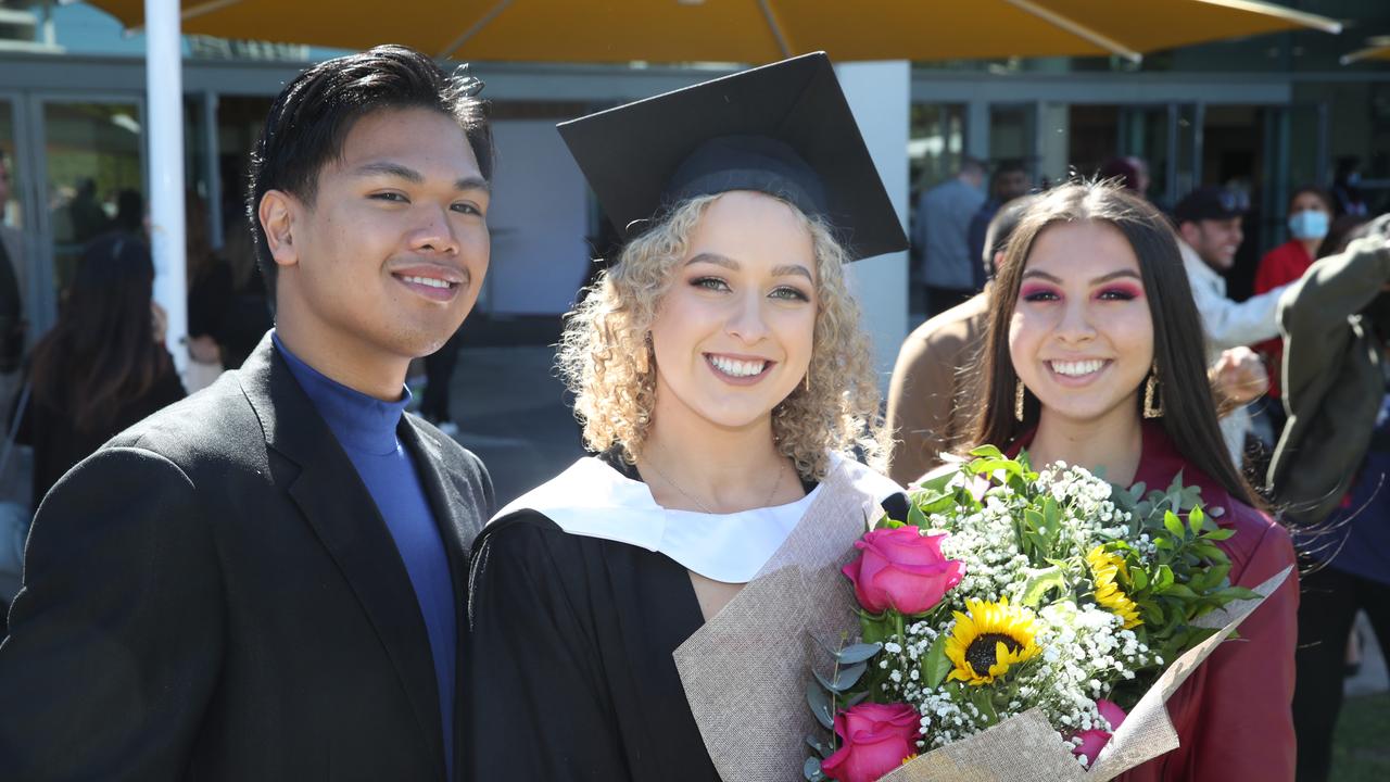 Griffith business school graduation at Gold Coast Convention Centre. Jed Dones, Janine Hunt and Selina Osorio. Picture Glenn Hampson