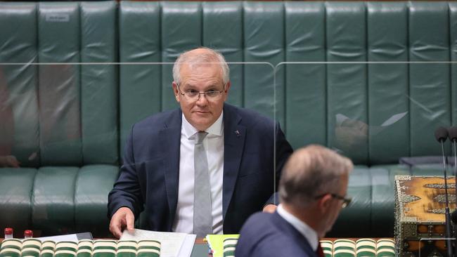 Scott Morrison eyes Anthony Albanese during question time in Parliament House, Canberra, on Thursday. Picture: Gary Ramage