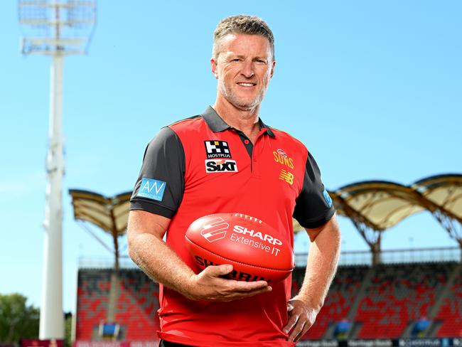 GOLD COAST, AUSTRALIA - AUGUST 21: Damien Hardwick poses for a photo after a Gold Coast Suns AFL press conference announcing the signing of their new coach at Heritage Stadium on August 21, 2023 in Gold Coast, Australia. (Photo by Bradley Kanaris/Getty Images)