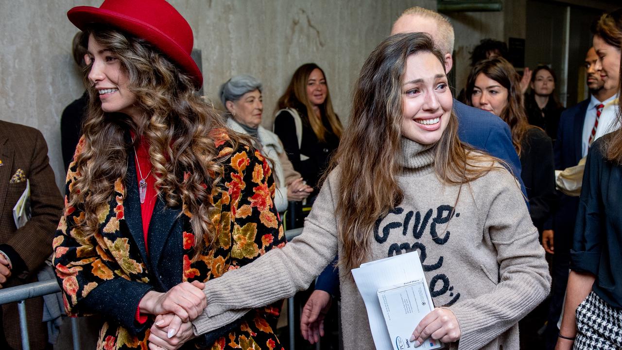 Lauren Young (left) and actor Jessica Mann leave a Manhattan courthouse after Harvey Weinstein was sentenced to 23 years in prison. Picture: Roy Rochlin/Getty Images
