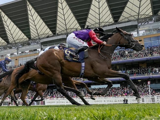 ASCOT, ENGLAND - JUNE 20: Tom Marquand riding Gilded Water (nearest) for The King & Queen in action during The King George V Stakes on day three during Royal Ascot 2024 at Ascot Racecourse on June 20, 2024 in Ascot, England. (Photo by Alan Crowhurst/Getty Images for Ascot Racecourse)