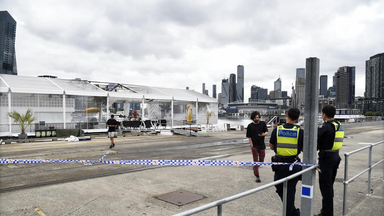 Police at ATET floating nightclub at North Wharf after the venue was damaged by an overnight fire. Picture: NCA NewsWire / Andrew Henshaw