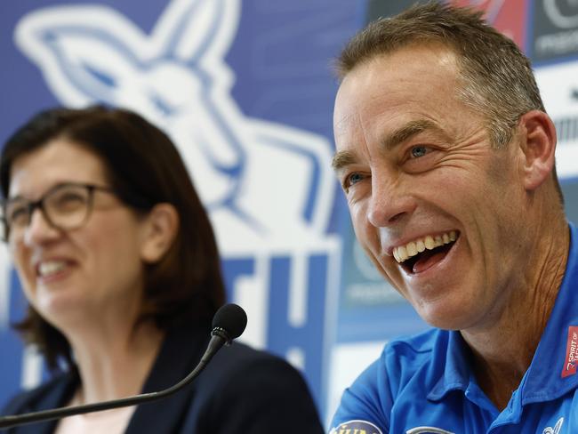 MELBOURNE, AUSTRALIA - AUGUST 19: Alastair Clarkson speaks to the media during a North Melbourne Kangaroos AFL Media Opportunity at Arden Street Ground on August 19, 2022 in Melbourne, Australia. Clarkson has agreed to coach the North Melbourne Football Club for the next five seasons, officially beginning on November 1, 2022. (Photo by Darrian Traynor/Getty Images)