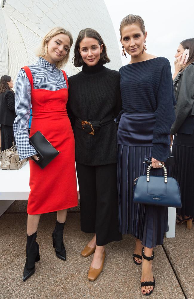 Nadia Fairfax, Sarah Donaldson and Kate Waterhouse attend the Dion Lee show on day one of Mercedes-Benz Fashion Week Australia in Sydney, Sunday, May 14, 2017. Picture: AAP