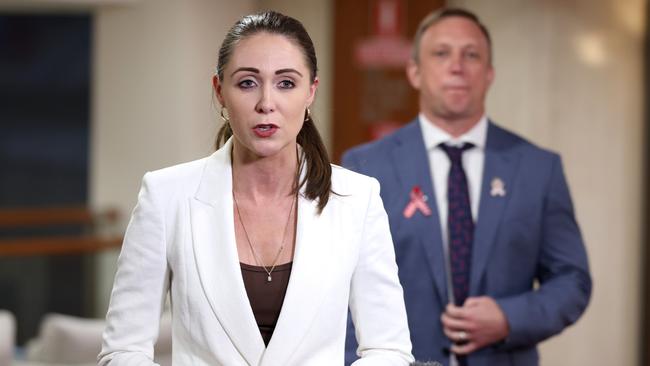 Meaghan Scanlon speaks during a press conference at Parliament House in Brisbane on Monday. Photo: Steve Pohlner.