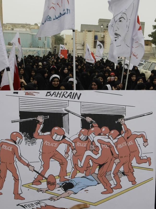 Bahraini anti-government protesters at a rally in 2012, top, and a cartoon depicts police brutality.