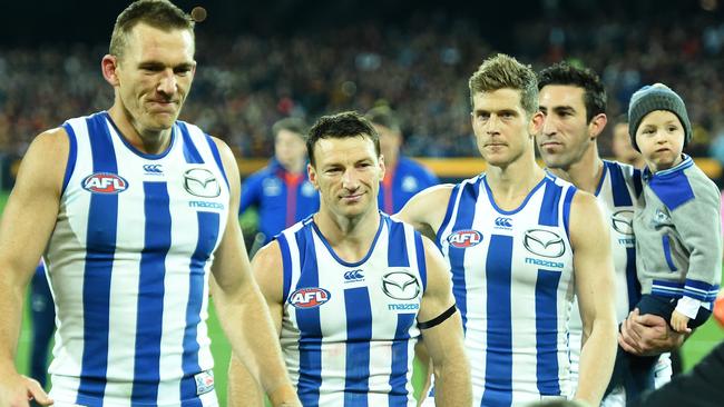 North Melbourne men Drew Petrie, Brent Harvey, Nick Dal Santo and Michael Firrito were among the big retirements and list changes of 2016. Picture: Tom Huntley