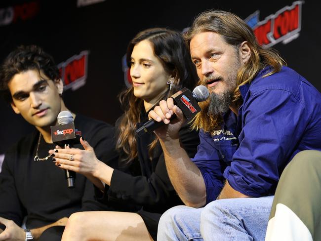 Josh Heuston, Sarah-Sofie Boussnina and Travis Fimmel speak at the Dune: Prophecy New York Comic Con panel in October. Picture: Getty Images