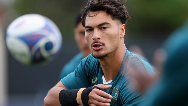 SAINT-ETIENNE, FRANCE - SEPTEMBER 21: Jordan Petaia passes during a Wallabies training session ahead of the Rugby World Cup France 2023, at Stade Roger Baudras on September 21, 2023 in Saint-Etienne, France. (Photo by Chris Hyde/Getty Images)