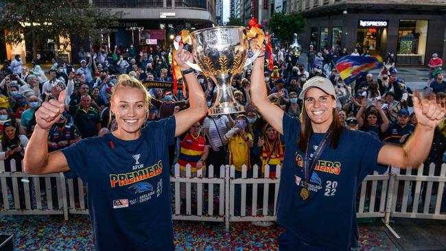 Erin Phillips and Chelsea Randall after one of her three premiership wins with the Crows. Picture: Brenton Edwards