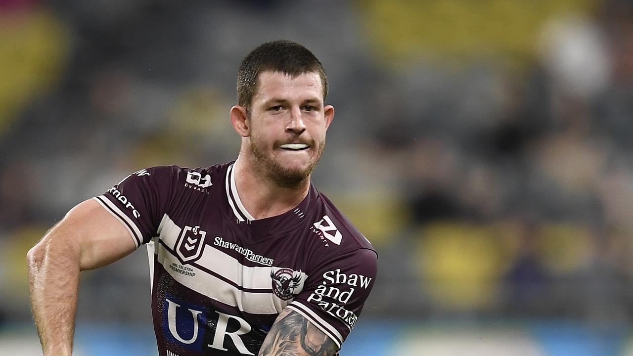 TOWNSVILLE, AUSTRALIA - JULY 24: Cade Cust of the Sea Eagles runs the ball during the round 11 NRL match between the North Queensland Cowboys and the Manly Warringah Sea Eagles at Queensland Country Bank Stadium on July 24, 2020 in Townsville, Australia. (Photo by Ian Hitchcock/Getty Images)