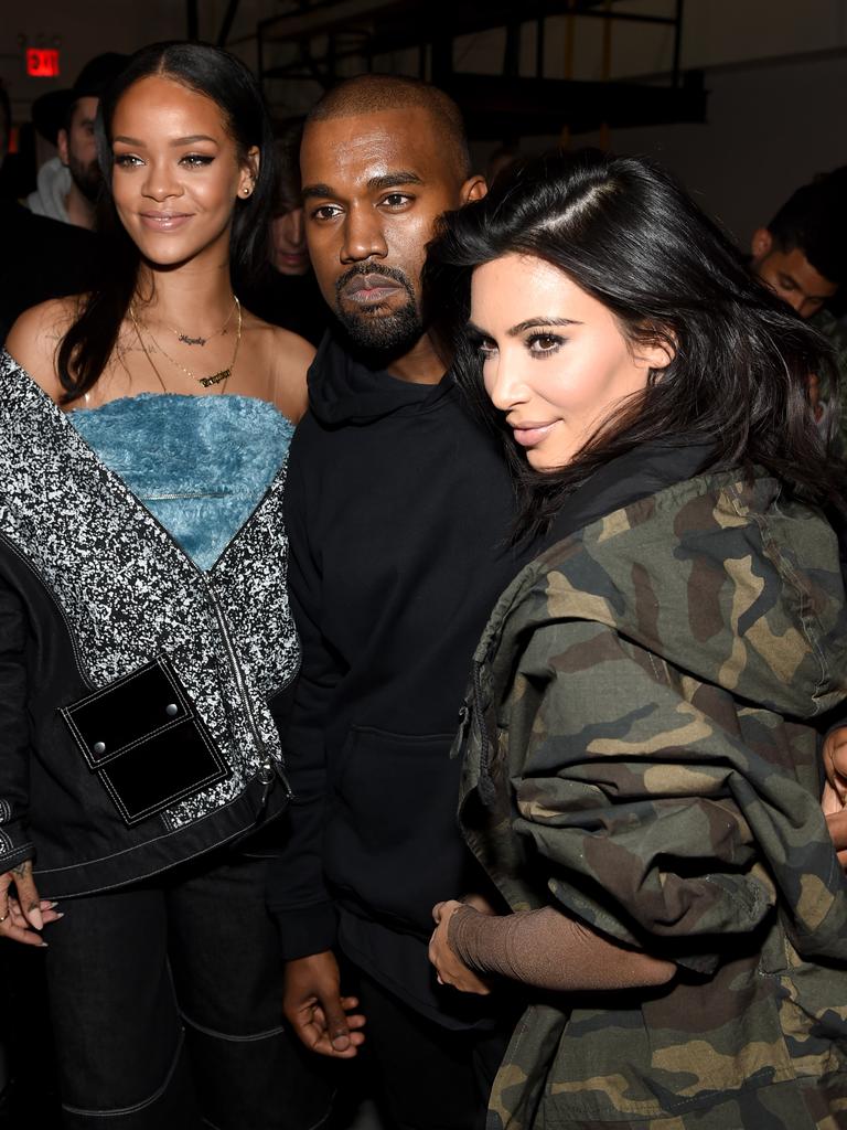 Rihanna, Kanye West and Kim Kardashian backstage at the Adidas Originals x Kanye West YEEZY SEASON 1 fashion show during New York Fashion Week. Picture: Getty