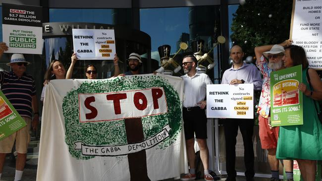 Protesters against the rebuilding of the Gabba at the entrance of 1 William St in Brisbane CBD on Thursday. Picture: NCA NewsWire/Tertius Pickard