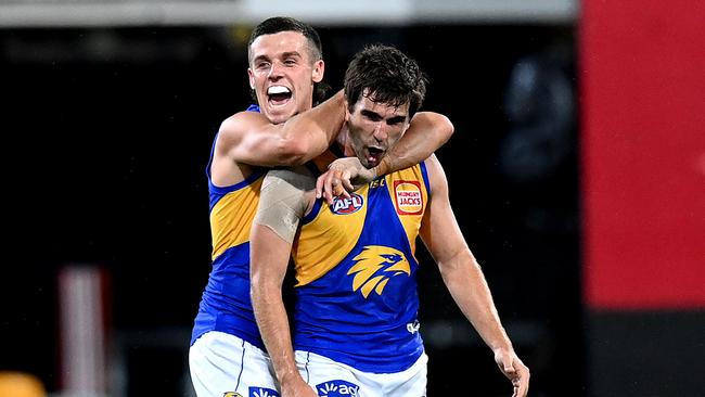 BRISBANE, AUSTRALIA - SEPTEMBER 10: Andrew Gaff of the Eagles celebrates kicking a goal during the round 17 AFL match between the St Kilda Saints and the West Coast Eagles at The Gabba on September 10, 2020 in Brisbane, Australia. (Photo by Bradley Kanaris/Getty Images)