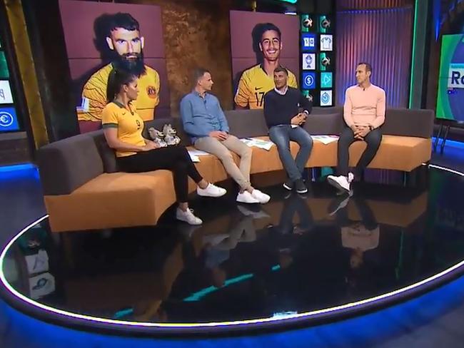 The Optus Sport broadcast team of Mel McLaughlin, Sydney FC’s Alex Wilkinson, and Socceroos greats John Aloisi and Mark Schwarzer at the broadcast facilities in Sydney. Picture: Optus Sport/Twitter