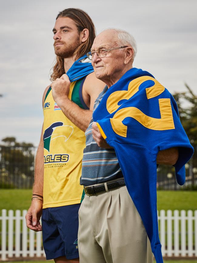 Jordan Foote and grandfather John Foote at Woodville Oval. Picture: Matt Loxton