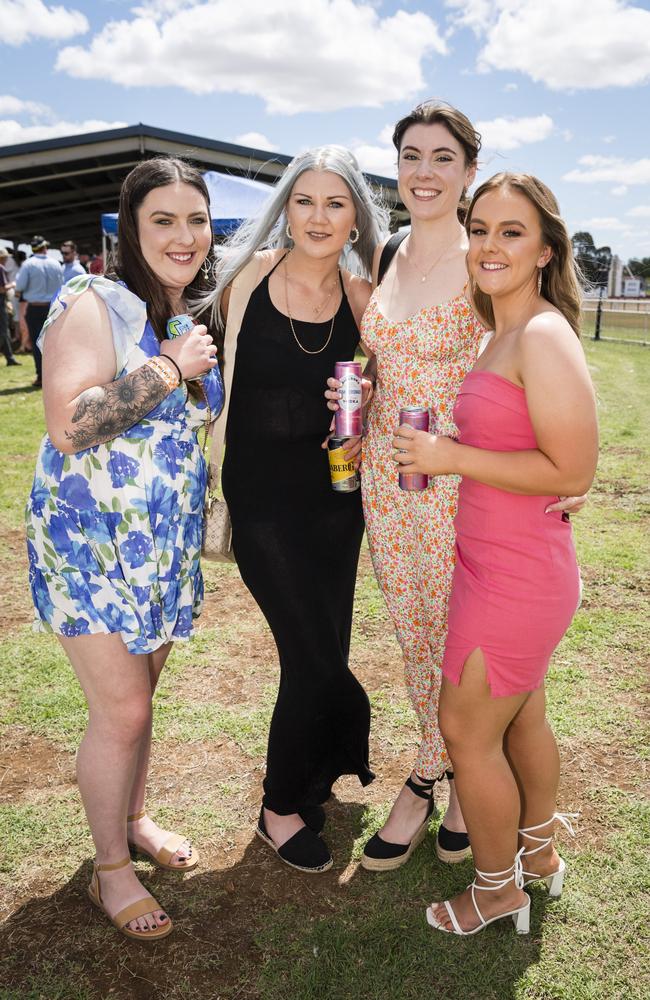 At the Clifton Races are (from left) Serena Ruming, Taylah Skelton, Emma Fuller and Ellie McKenzie, Saturday, October 28, 2023. Picture: Kevin Farmer