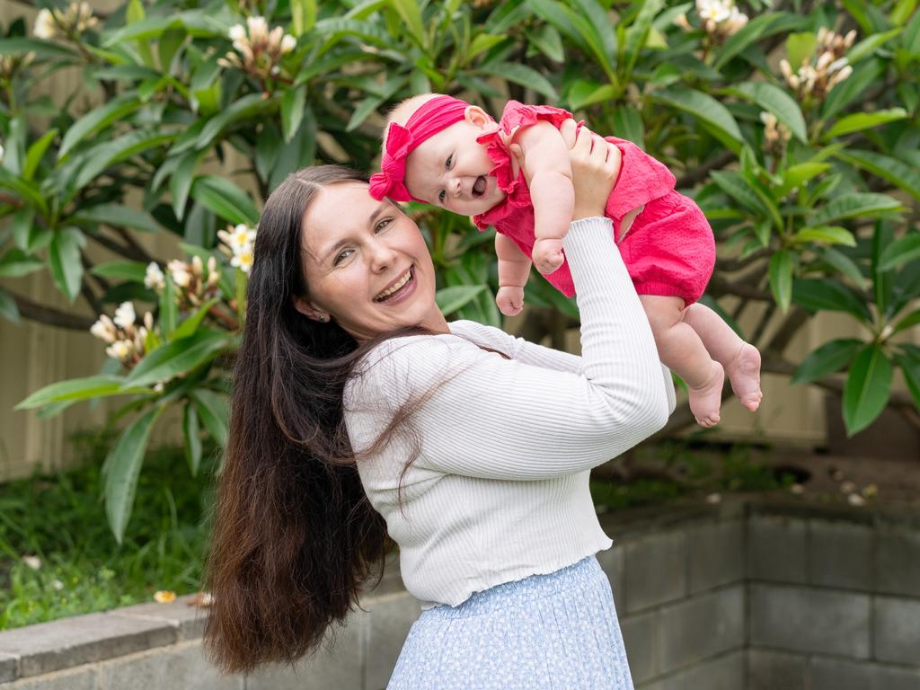 Casey Foxton and she and partner Mathew Hinkley “got lucky” when she fell pregnant with daughter Sophie via IVF last year. Picture: Modified Photography