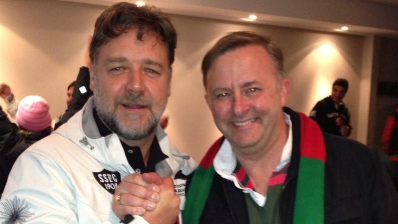 Rabbitohs owner Russell Crowe with Souths fanatic and new PM Anthony Albanese. Picture: Twitter
