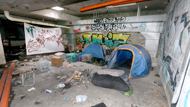 Homeless lair that is an old underground carpark in the basement of an abandoned building on corner of Markwell Ave and Gold Coast Highway. Picture Mike Batterham