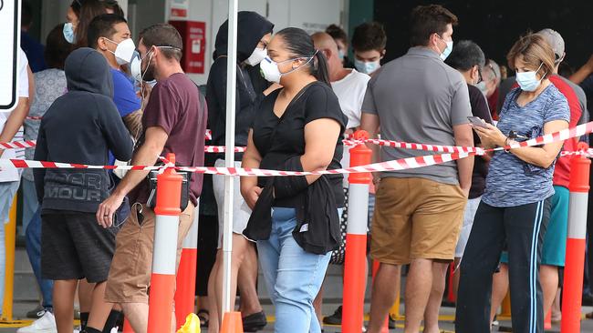 Local residents line up outside a 24-hour COVID testing clinic south of Brisbane, on January 08, 2021 in Brisbane, Australia. Brisbane will enter a three-day lockdown tonight from 6pm. Picture: Jono Searle/Getty Images