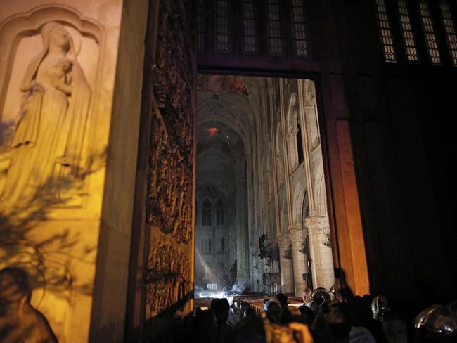 General view from the entrance of Notre Dame cathedral in Paris, Monday, April 15, 2019. (Philippe Wojazer/Pool via AP)