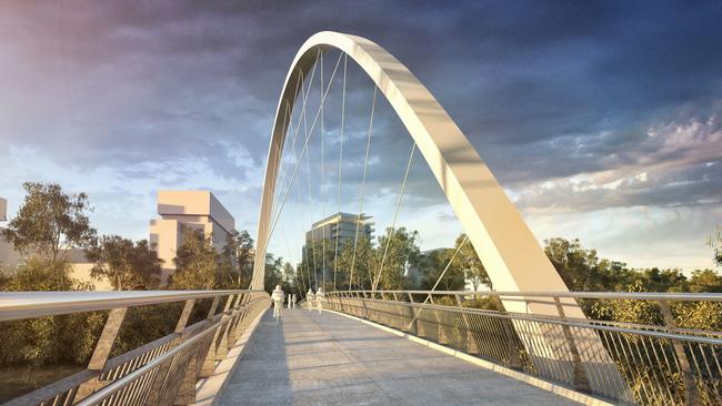 A concept design of the Alfred Street Bridge, to be the first diagonal arch bridge to be designed and built in Australia.