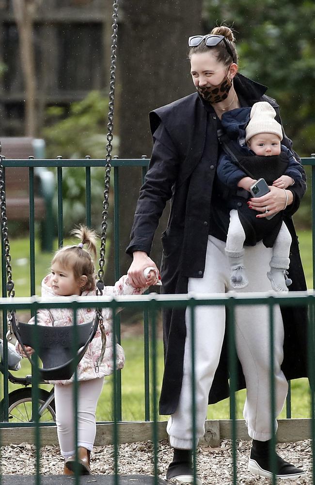 Jesinta at the park with the couple’s two young children, Tullulah and Rocky. Picture: Media Mode