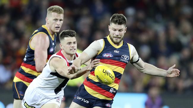 Adelaide’s Bryce Gibbs during his comeback game against St Kilda on Saturday. Picture: Sarah Reed