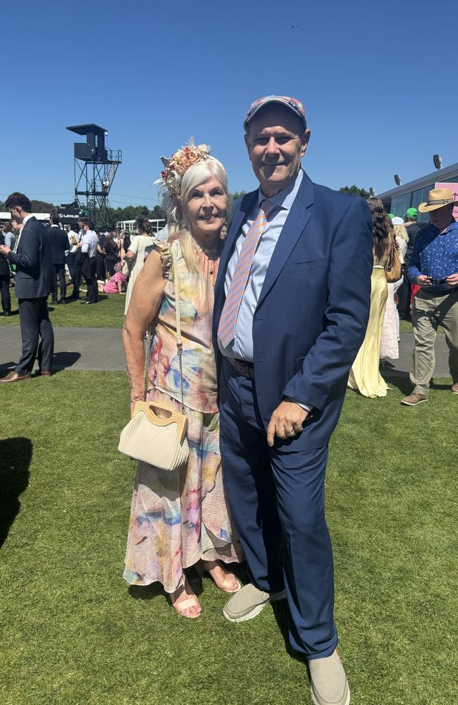 Marianne and Gregory Tapiolas at the Melbourne Cup at Flemington Racecourse on November 5, 2024. Picture: Phillippa Butt