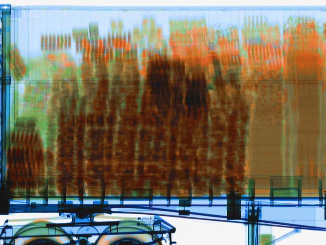 Recent illicit tobacco and cigarette seizures and arrest across Australia. X-ray image of first container (tobacco products on the right hand side). Picture: Australian Border Force