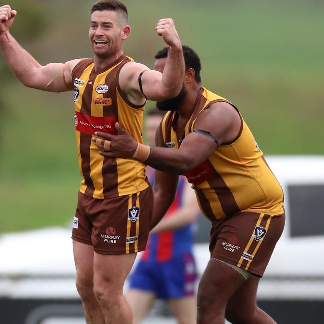 Josh Hicks, left, was one of Kiewa-Sandy Creek’s best players against Beechworth.