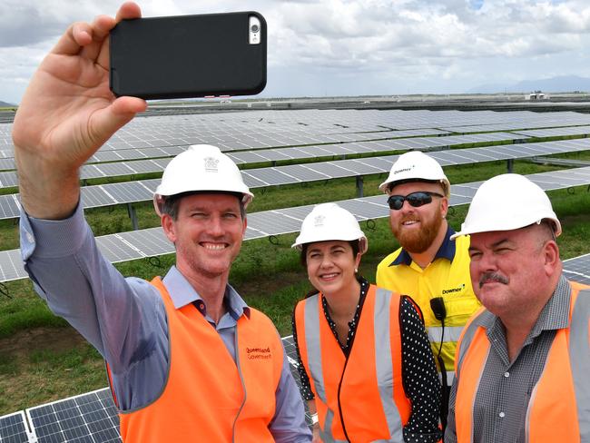 Energy Minister Mark Bailey takes a selfie with Premier Annastacia Palaszczuk, Clare Solar Farm project manager Wayne Staunton and Labor candidate for Burdekin Mike Brunker at the weekend. Picture: Darren England/AAP