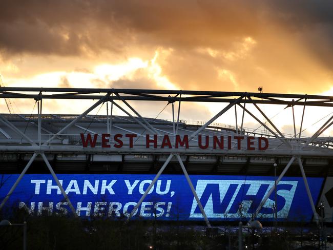 The London Stadium, home to West Ham United, lights up to thanks the NHS. Picture: Getty Images