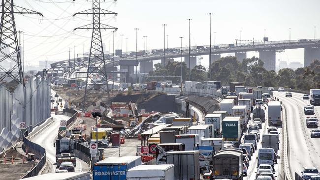 Approx 8:30am first day of lane closures on Westgate Bridge inbound. Huge delays on the Westgate Freeway inbound as 3 lanes are closed for maintenance on the bridge until New Years Eve. Elsewhere roads are very quiet. Picture: Sarah Matray