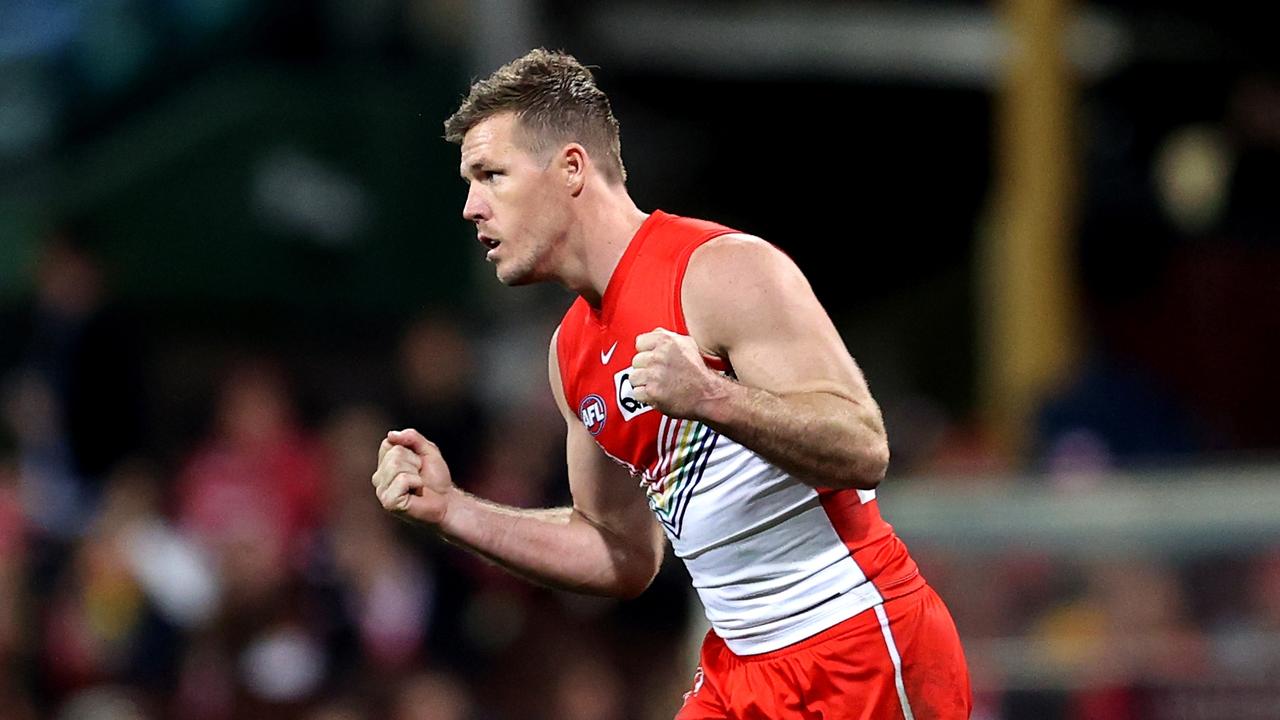 SYDNEY, AUSTRALIA - JUNE 25: Luke Parker of the Swans celebrates kicking a goal during the round 15 AFL match between the Sydney Swans and the St Kilda Saints at Sydney Cricket Ground on June 25, 2022 in Sydney, Australia. (Photo by Brendon Thorne/AFL Photos/via Getty Images)