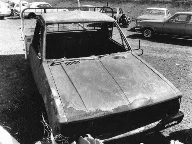 Geoffrey Michael Lange's burnt out ute. Garner said he panicked and burnt it to help his mate