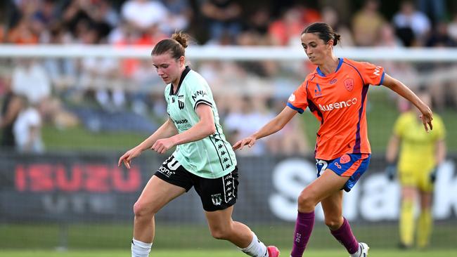 BRISBANE, AUSTRALIA - FEBRUARY 16: Kahli Mary Johnson of Western United competes during the round 16 A-League Women's match between Brisbane Roar and Western United at Perry Park, on February 16, 2025, in Brisbane, Australia. (Photo by Albert Perez/Getty Images)