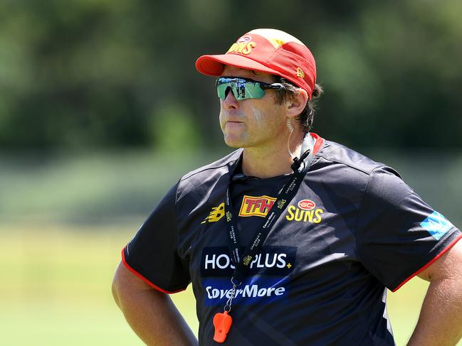 Head coach Stuart Dew is seen during a Gold Coast Suns AFL training session at Austworld Centre Training Ovals on December 15, 2021 in Brisbane, Australia. (Photo by Albert Perez/AFL Photos/via Getty Images)